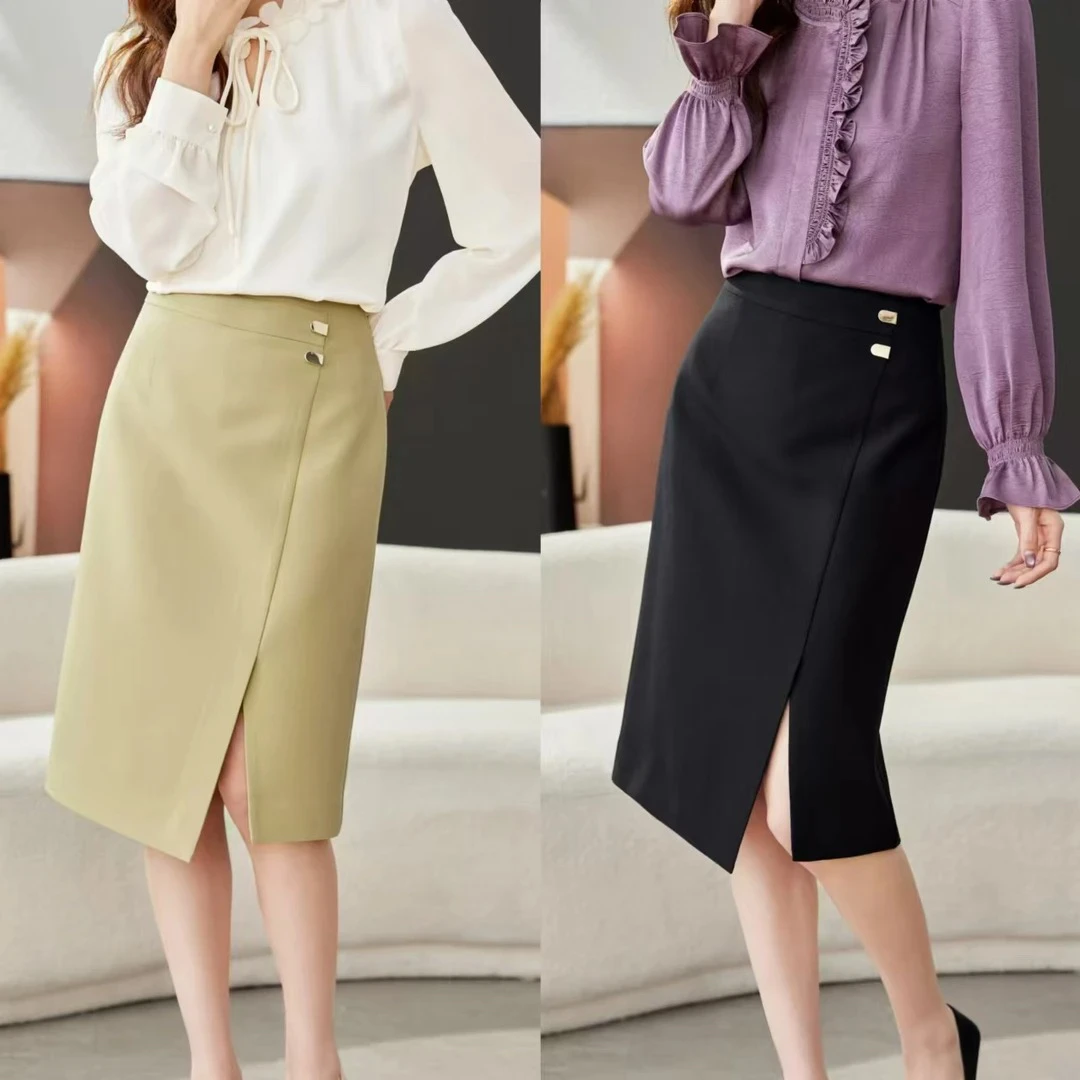 设计感高腰侧开叉直筒裙1762