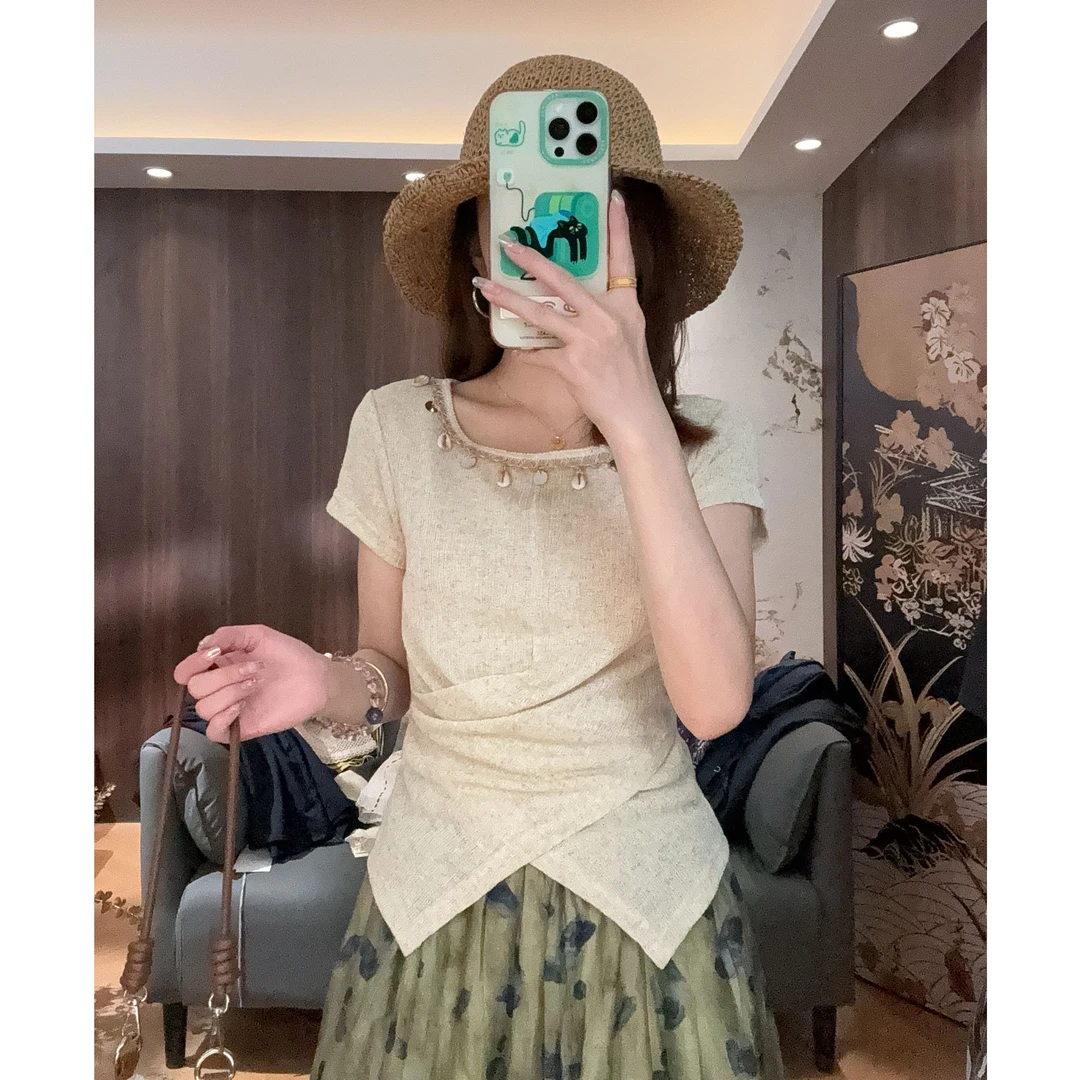 【LIbaibai】夏装2025年新款收腰显瘦薄款短袖上衣BB-2101清