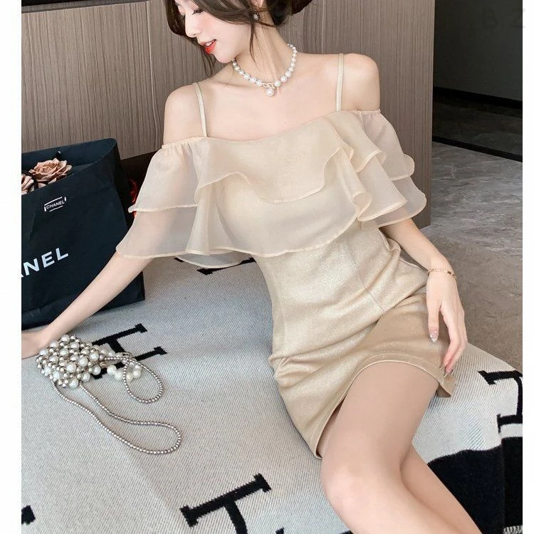 HTKDBZ高级感女神范小礼裙欧根纱荷叶边吊带裙女夏季亮