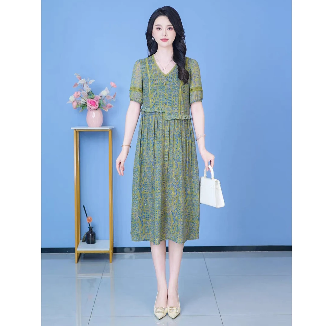 V1882时尚气质优雅设计感连衣裙夏季时尚中长裙