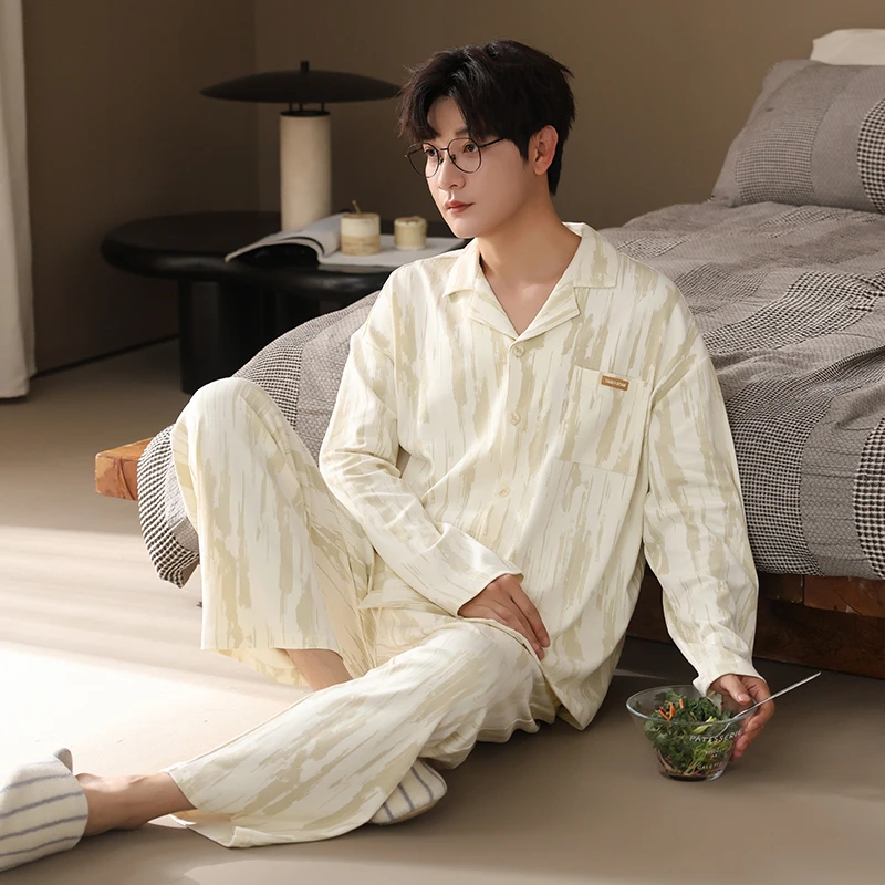 秋季2025新款纯棉男士睡衣套装翻领开衫韩版可外穿休闲简约家居服