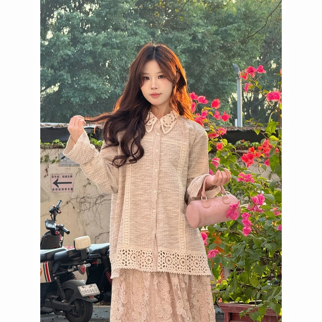 衬衫纹理感百搭小众设计感精致气质拼接蕾丝衬衫女