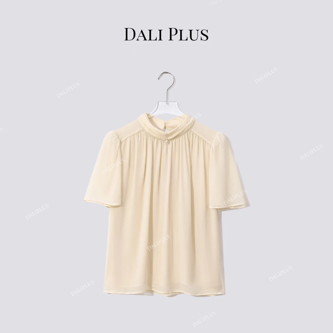DALI PLUS“重磅桑蚕丝”10姆米乔其捏褶立领衬衫-D5XH0027