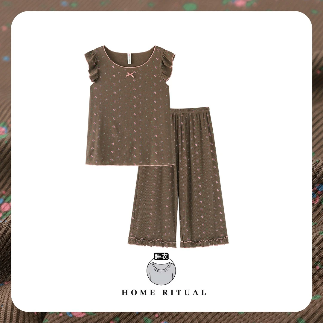韩国夏季碎花宽松螺纹两件套2025年新款睡衣女款莫代尔大码家居服