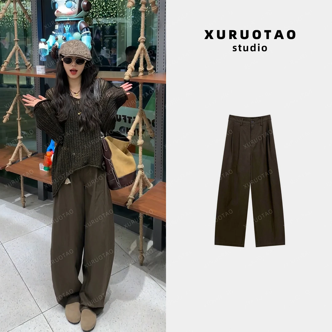 XURUOTAO 【秋分】棉感百搭显瘦时髦设计感宽松咖色休闲裤 T5600
