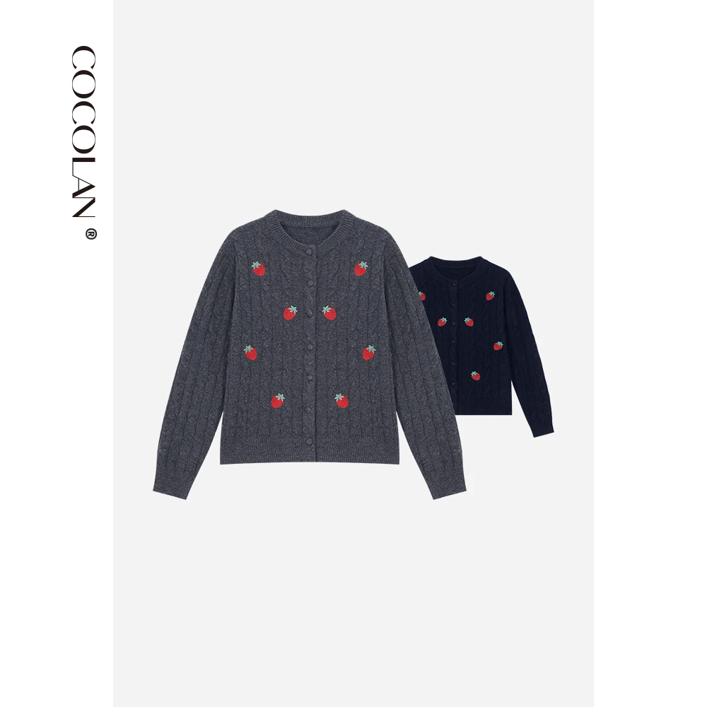 COCOLAN【草莓】100绵羊毛刺绣针织开衫毛衣女CL8KS5810