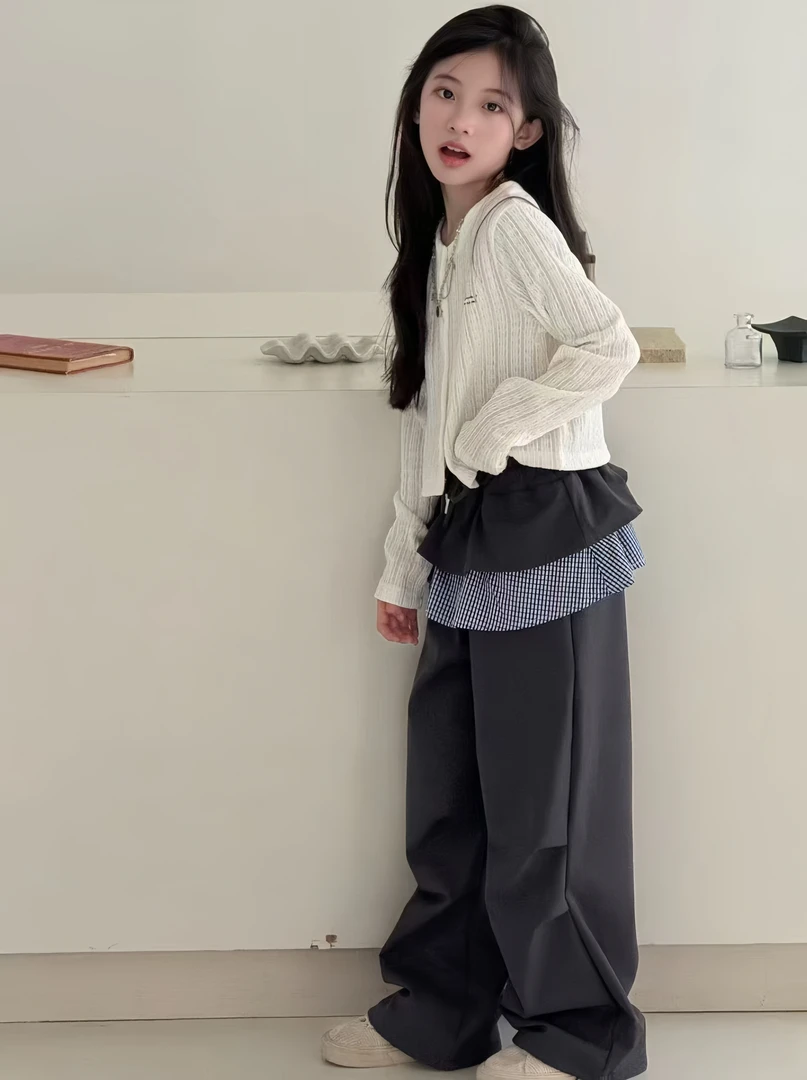 格子拼接女童休闲裤2025新款儿童裤子加绒直筒裤