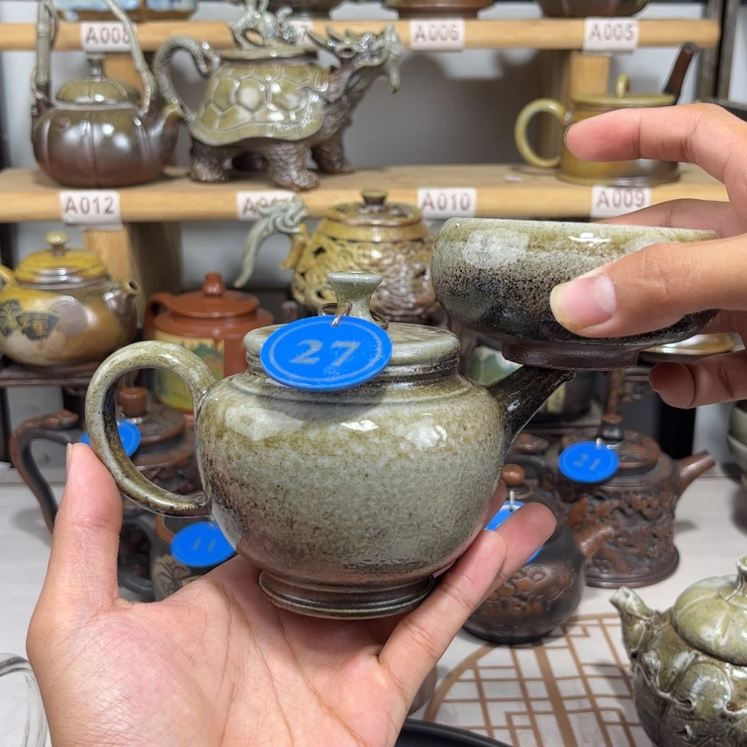 建水紫陶220cc白泥柴烧匏尊壶，纯裸坯柴烧