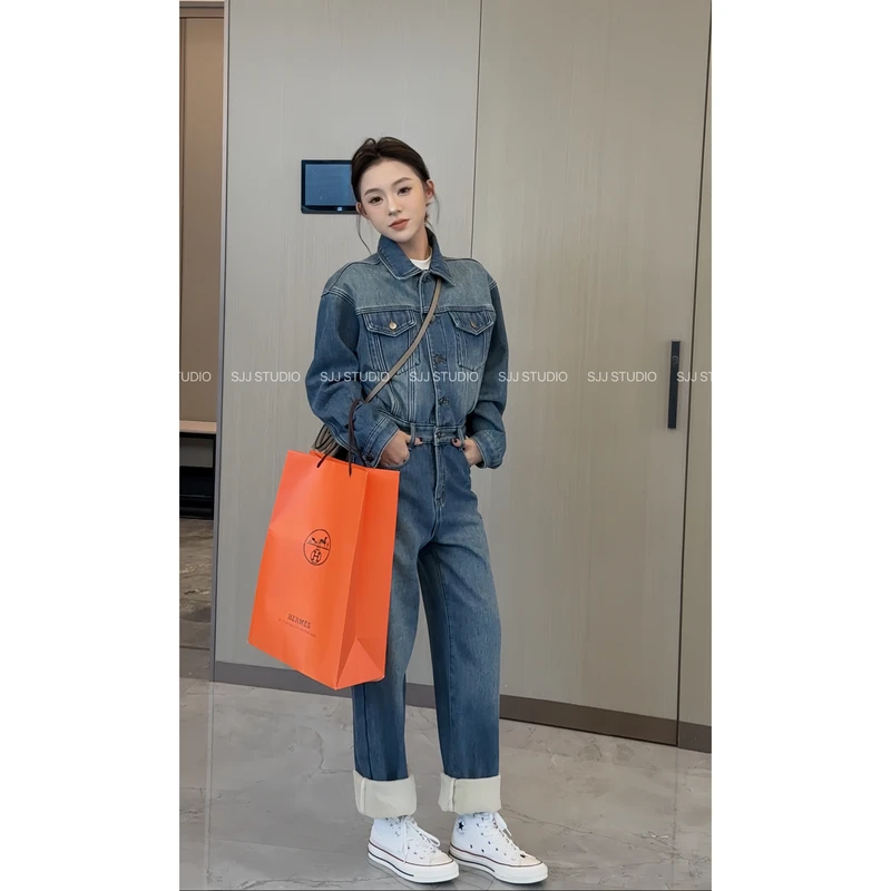 【娇娇私服订制】秋冬新款时尚休闲加绒牛仔连体裤11303#