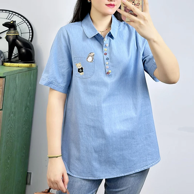 米莱奇56107短袖牛仔衬衫女2025夏季新款彩扣绣花百搭POLO衫上衣