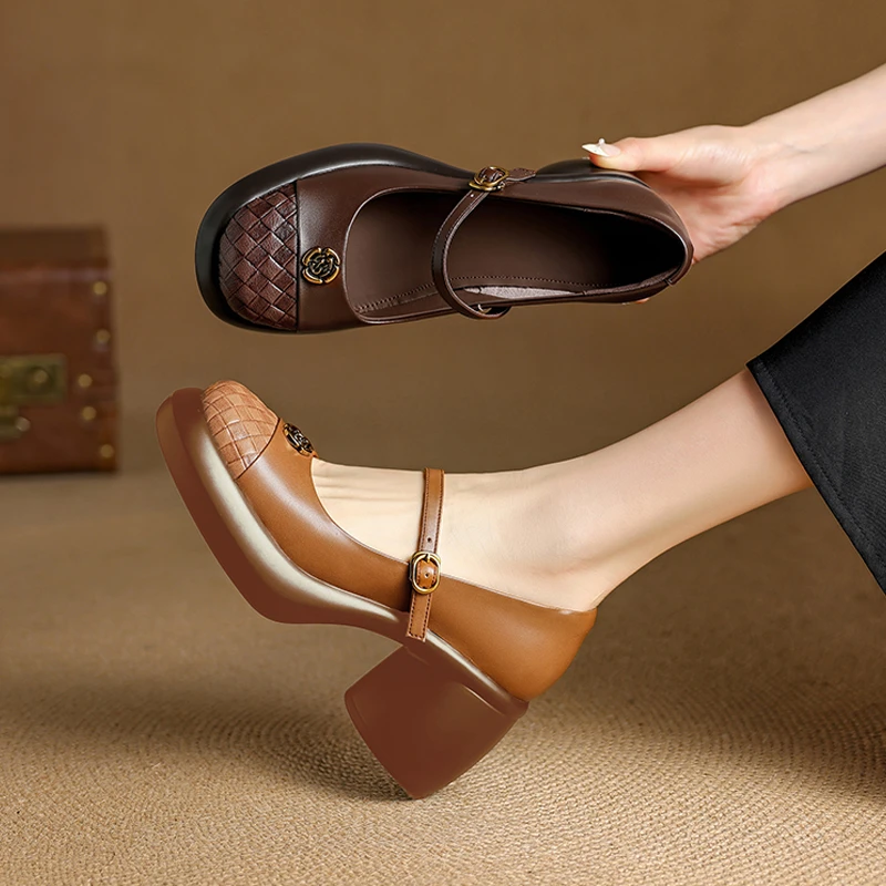 牛皮 7厘米 34-40百搭复古粗跟厚底拼色圆头真皮拼针织单鞋春夏