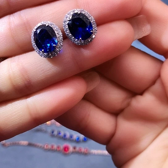 蓝宝石耳饰银S925镶嵌