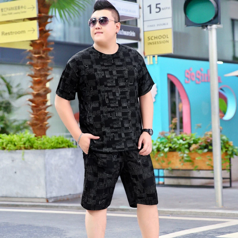 潮男装夏季短袖t恤休闲运动套装肥佬特大号半袖体恤超大号两件套