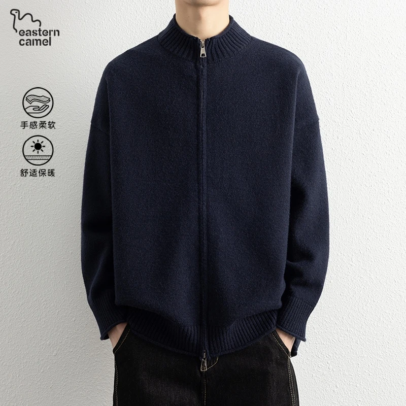 东方骆驼立领针织开衫外套男士春秋季宽松休闲毛衣高级感冬装线衣