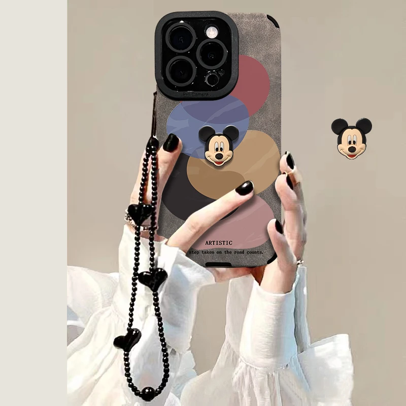 色块立体米奇适用苹果15华为vivo/oppo小米iPhone16翻毛皮手机壳