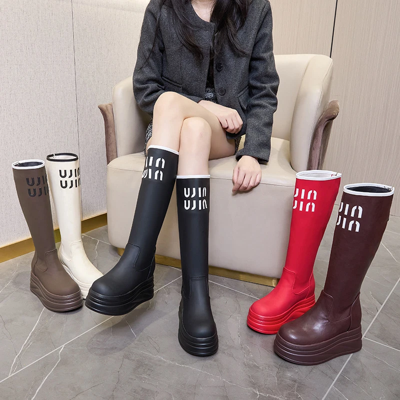 【北梦鞋履】2025秋冬红色厚底内增高显腿长百搭马丁靴女ins高筒靴