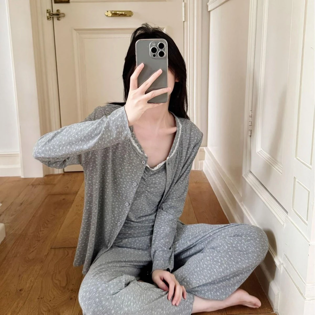 莫代尔睡衣女秋冬季带胸垫吊带长袖三件套少女温柔碎花家居服套装