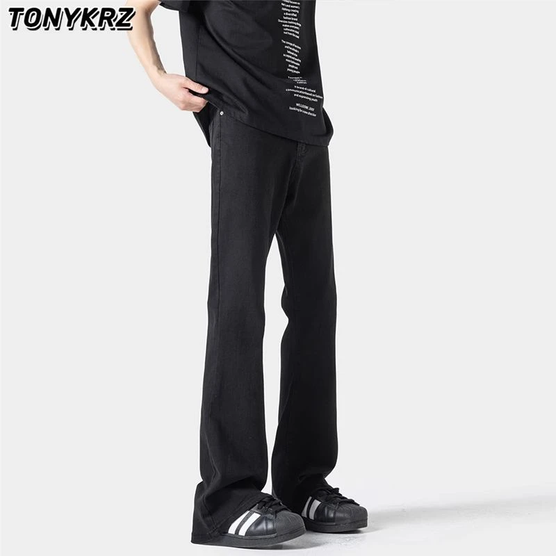 TONYKRZ牛仔裤男女潮牌高街cleanfit黑色休闲长裤直筒微喇裤子潮