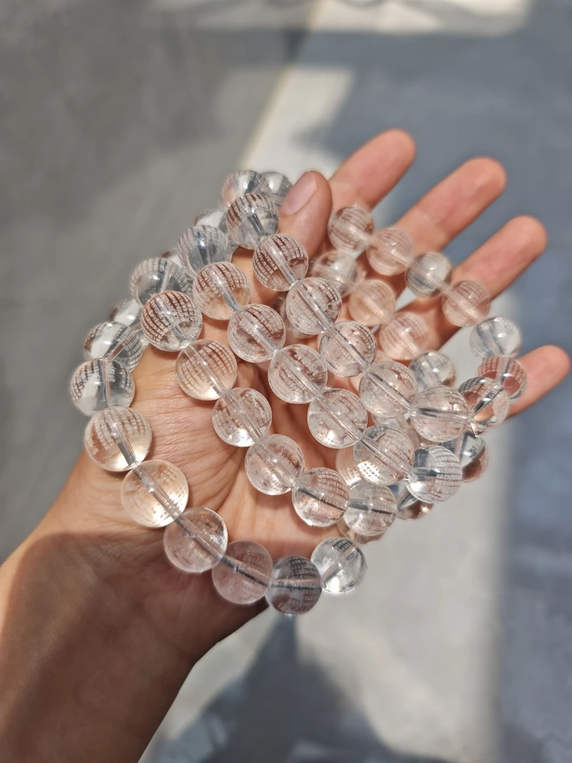 天然老料透体白水晶心经手链矿坑打孔刻字有瑕疵介意勿拍