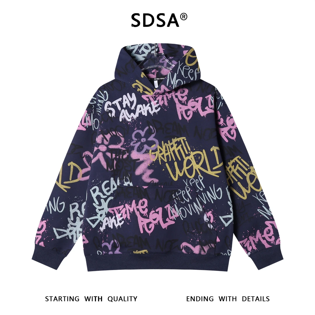 SDSA男士秋冬新款痞帅男装美式高街满印字母连帽卫衣百搭宽松上衣