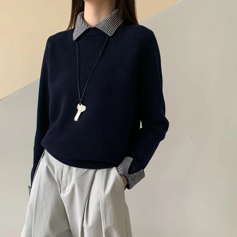 韩系假两件长袖羊毛针织衫条纹拼接元宝针毛衣女066-1040