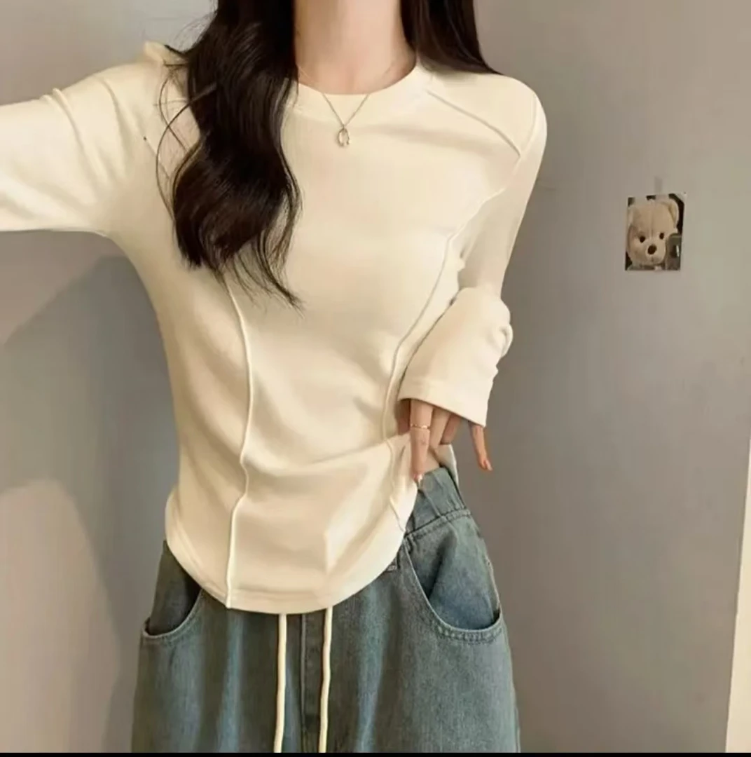 秋冬必备爆款正肩小圆领长袖双面磨毛鱼骨款弹力修身弧形打底衫