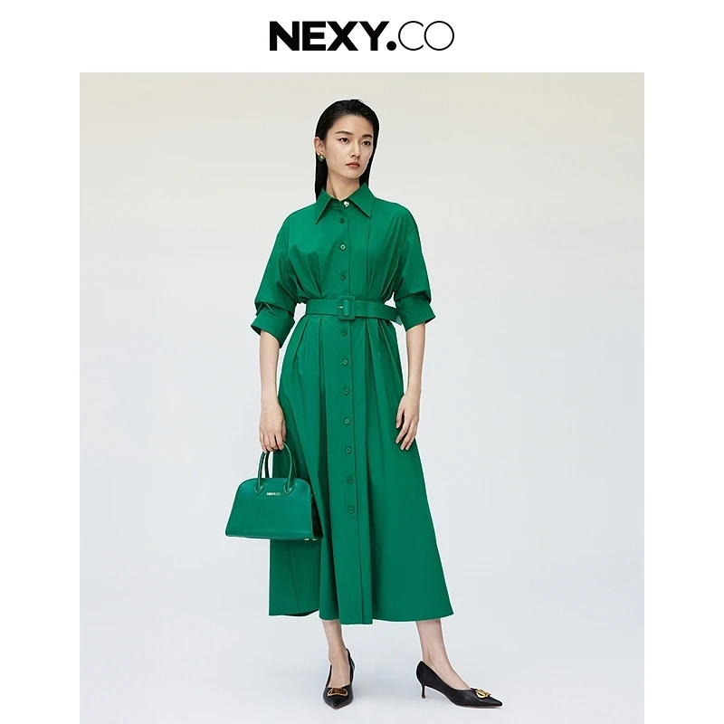 【商场同款】NEXY.CO/奈蔻绿色夏季法式气质长款连衣裙XF05759J6
