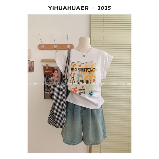 东大门韩国原单夏款气质减龄印花夏日氛围百搭T恤3195