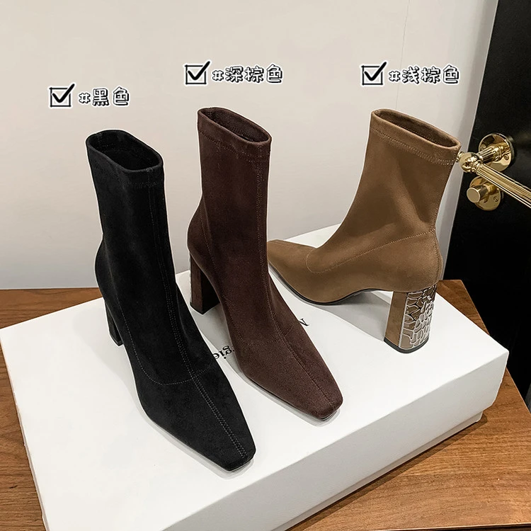 8.5cm~弹力绒瘦瘦靴短靴简约风方头高跟粗跟一脚蹬套筒显瘦时装靴