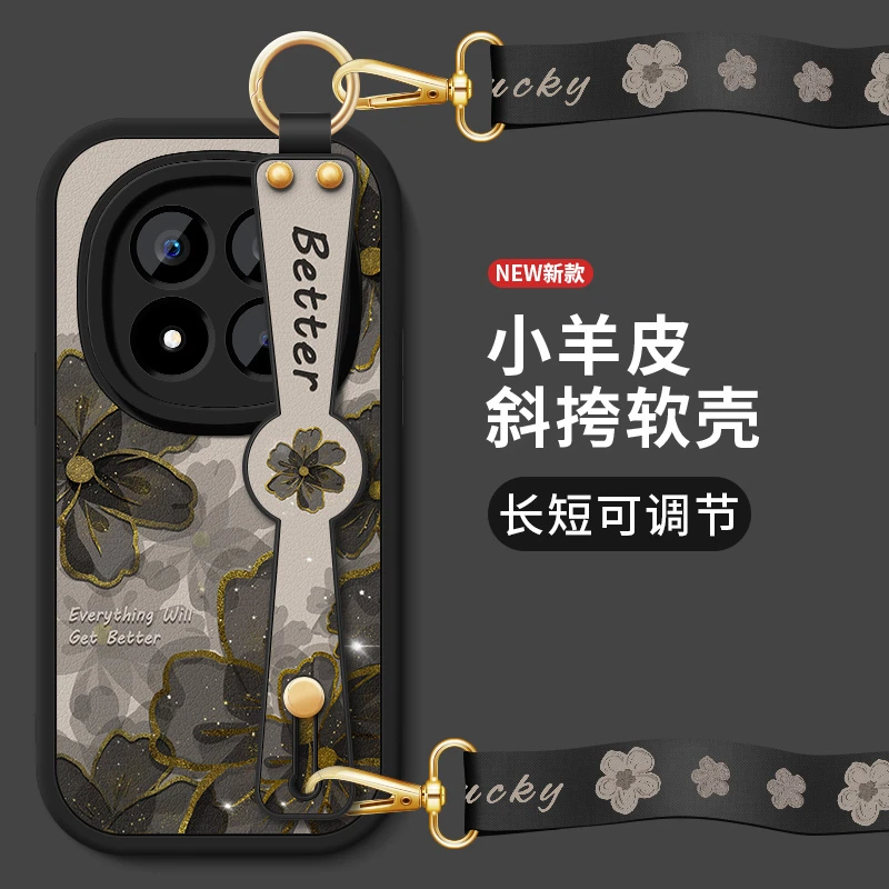 适用小米红米note15pro+手机壳新款女款斜跨腕带挂绳支架黑色金花