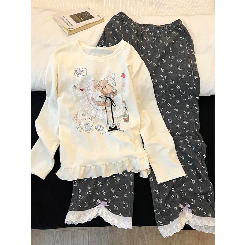 【DMXJ大梦想家】韩系可爱卡通小熊睡衣女秋季爆款蕾丝边家居服套装