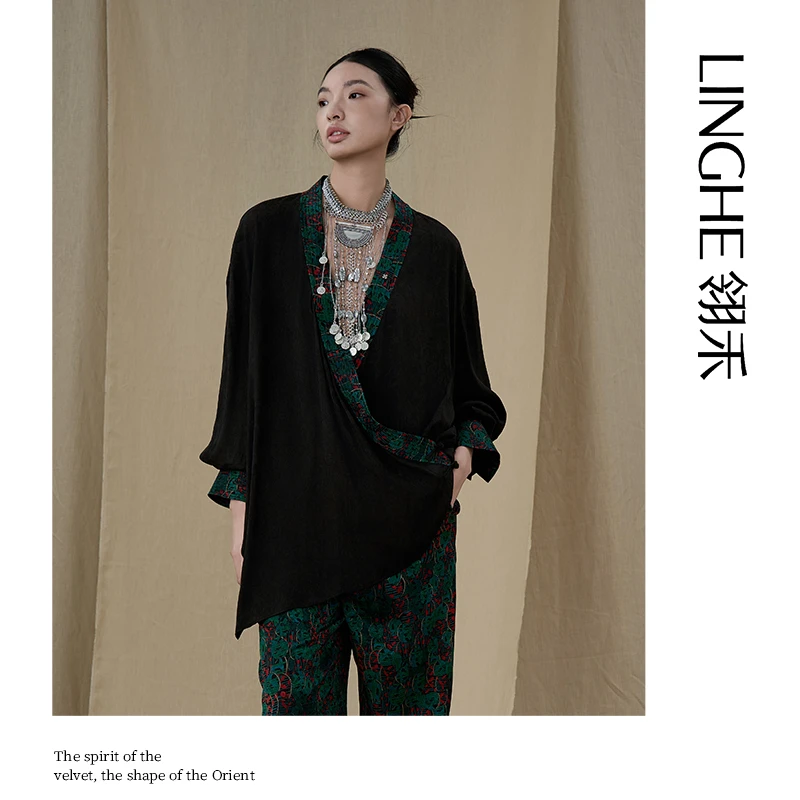 翎禾LINGHE-「春园雅集 」新中式香云纱长袖上衣中国风文艺宽松衬衣