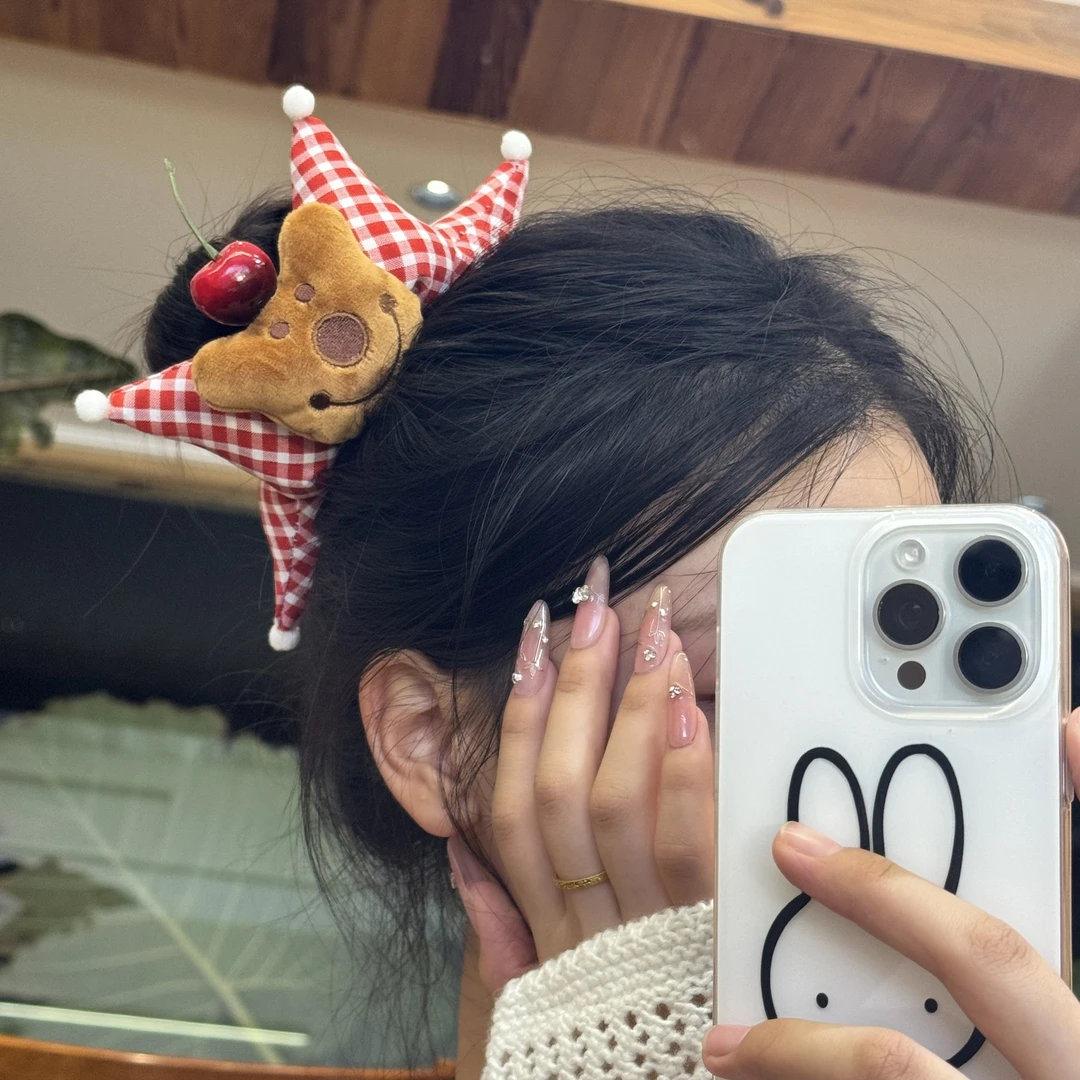 萌趣可爱~红色格子樱桃小熊星星大肠发圈女丸子头发绳高级感盘发