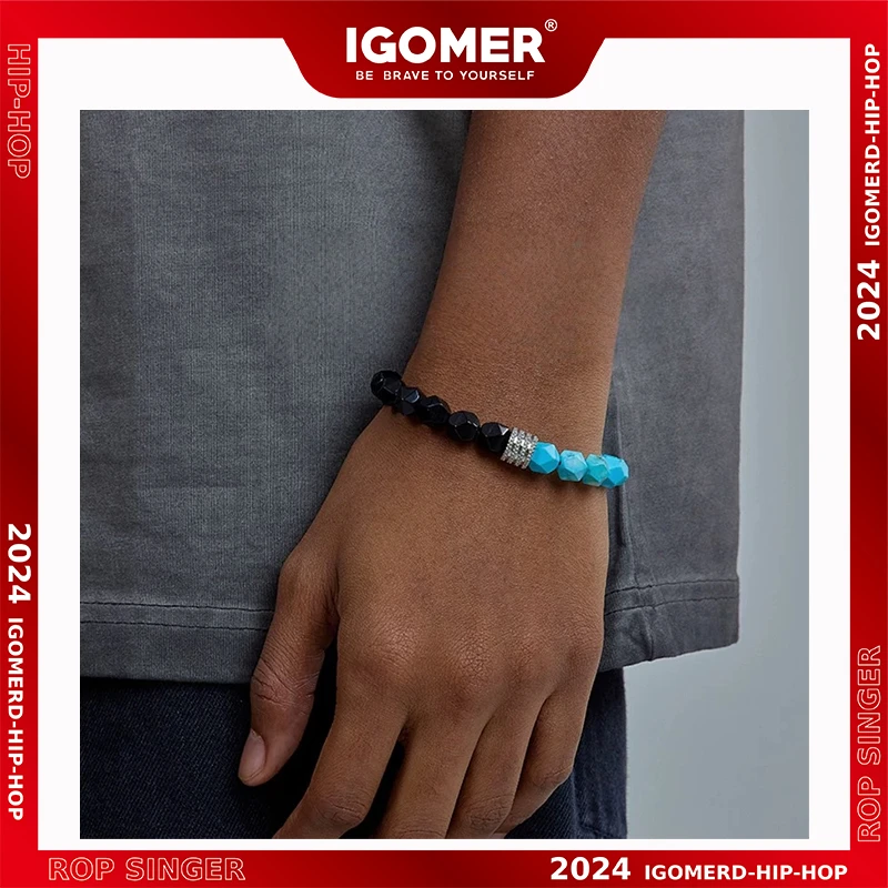 钛钢手链 IGOMER欧美蓝黑石头拼接手链嘻哈高级感时尚送男友礼物