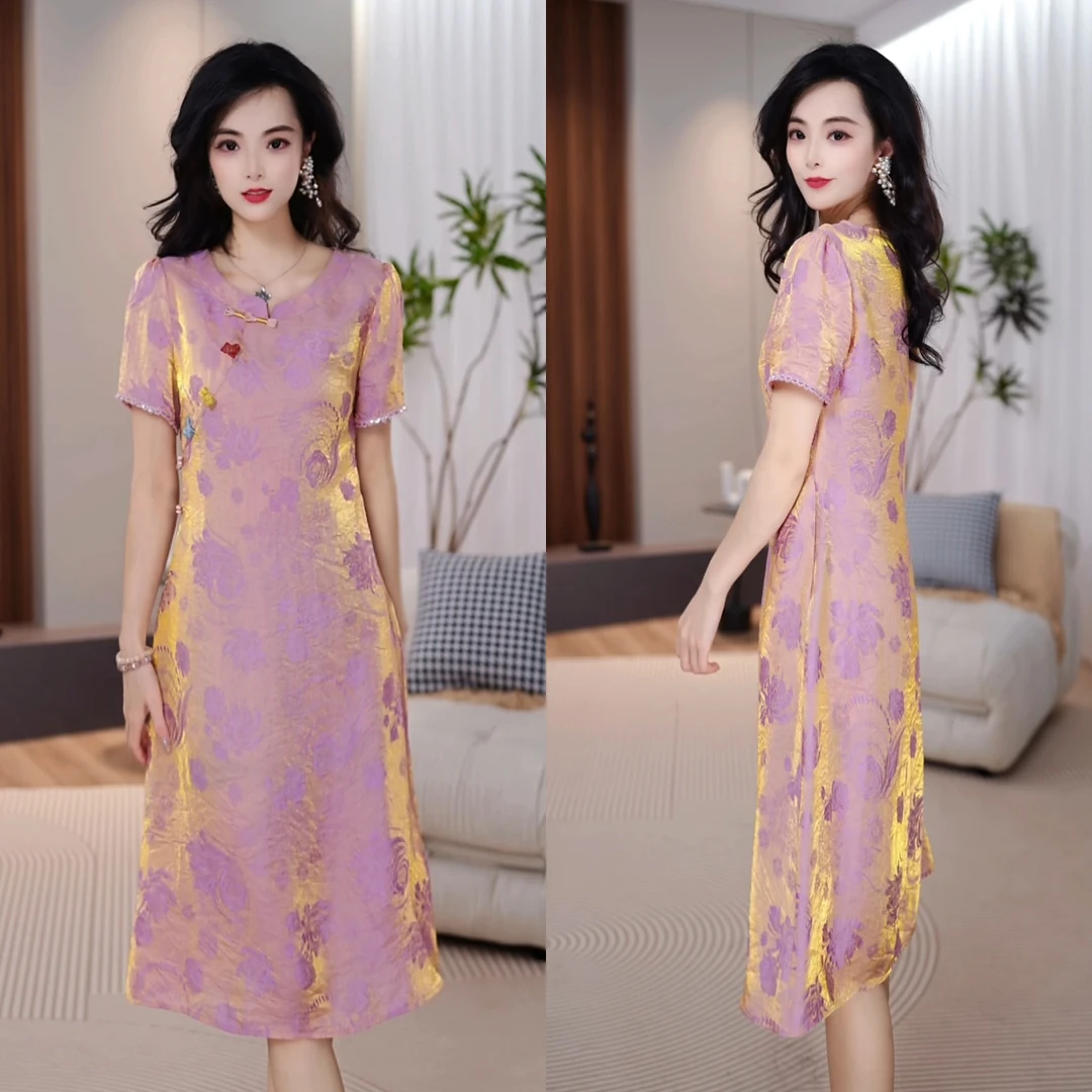 2025夏季时尚国风圆领宽松休闲洋气减龄中长款气质连衣裙M-4XL