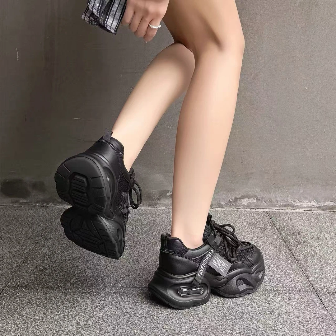 C9104  黑色 时尚百搭老爹鞋女厚底增高2025新款休闲运动鞋