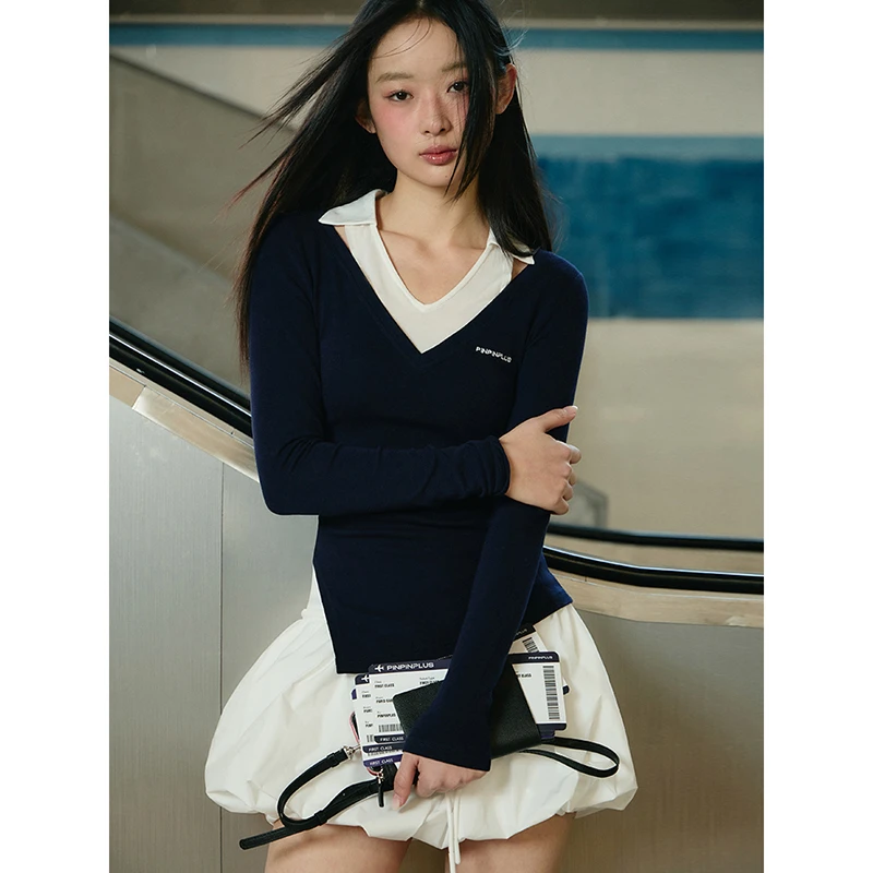 PINPINPLUS 丨「百利甜」V领镂空翻领拼接假两件上衣PABEA211003H