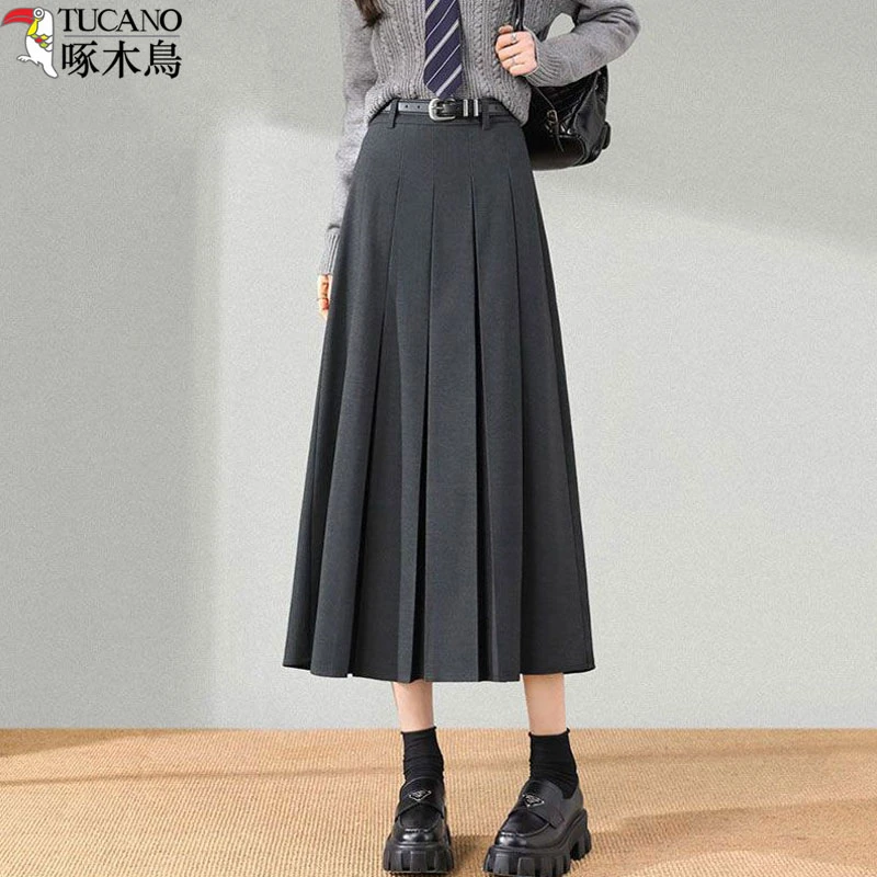 啄木鸟气质毛呢百褶裙女装新款黑色高腰显瘦裙子秋冬款长裙