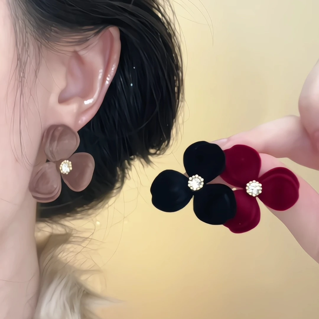 合金耳饰 花花派对~秋冬法式植绒大花朵耳钉高级感法式气质耳环
