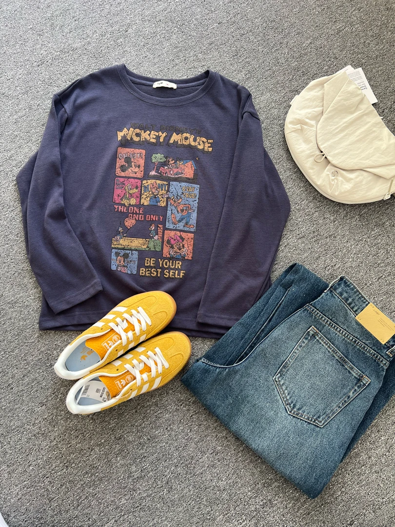 YD-韩系！米奇拔染做旧25秋季新款宽松版上衣长袖T恤女