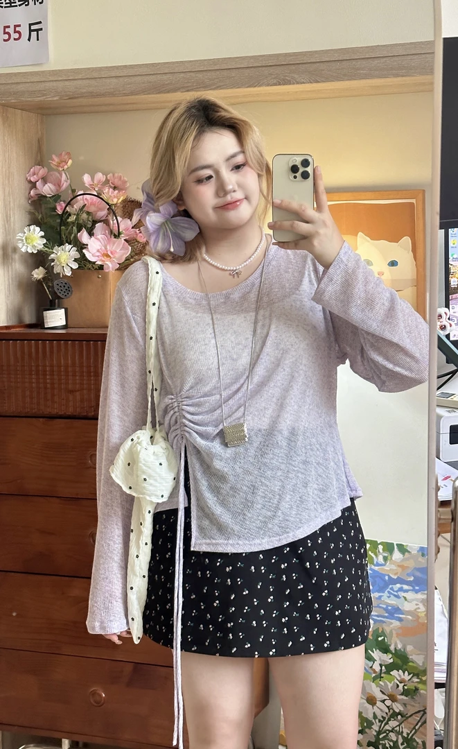 2025新款韩版宽松显瘦针织衫女长袖T恤抽绳凉凉衫