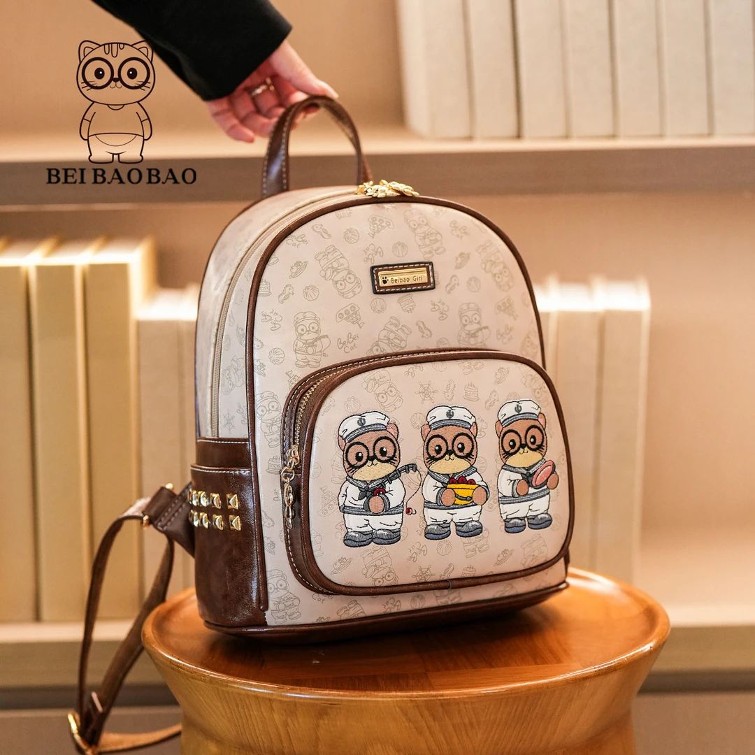 (运补+现货)高品质刺绣猫咪海军风双肩包大容量旅行通勤上学背包