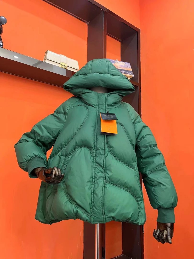 羽绒服冬季百搭宽松白鸭绒加保暖绿色连帽羽绒服外套i