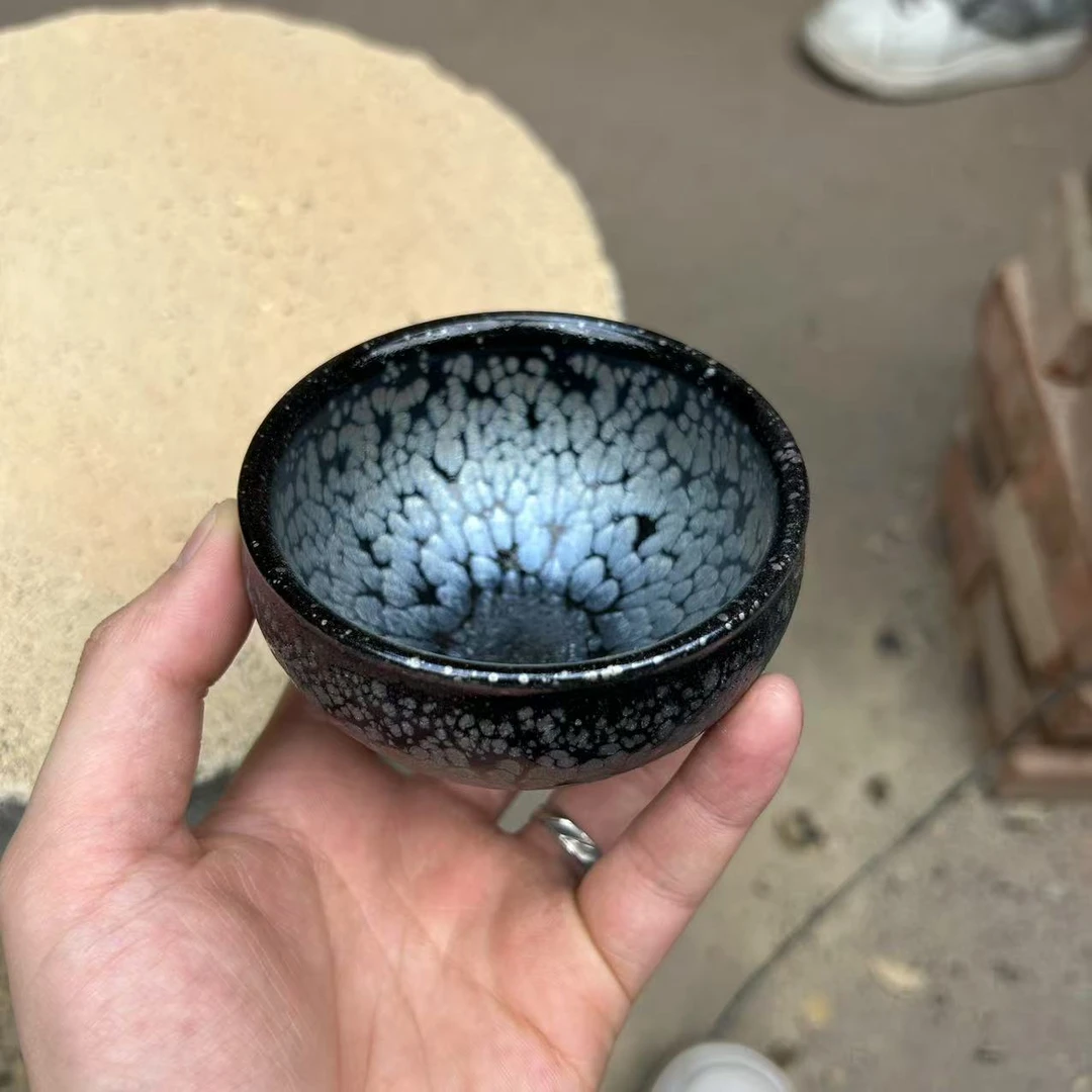 建窑建盏 主人杯 将军黑底银滴