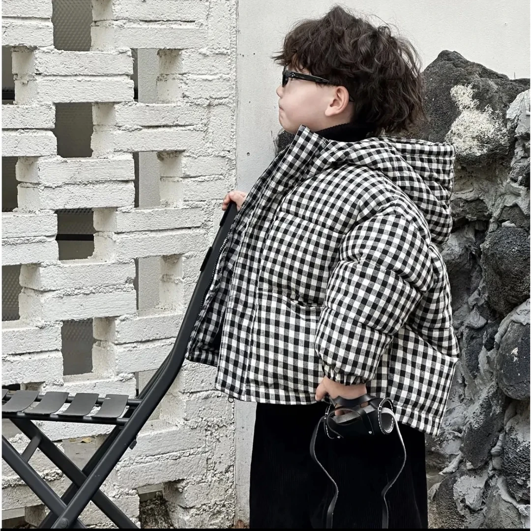 (现货24H)儿童冬季黑白格子棉袄男女童格子棉服加厚保暖外套新款