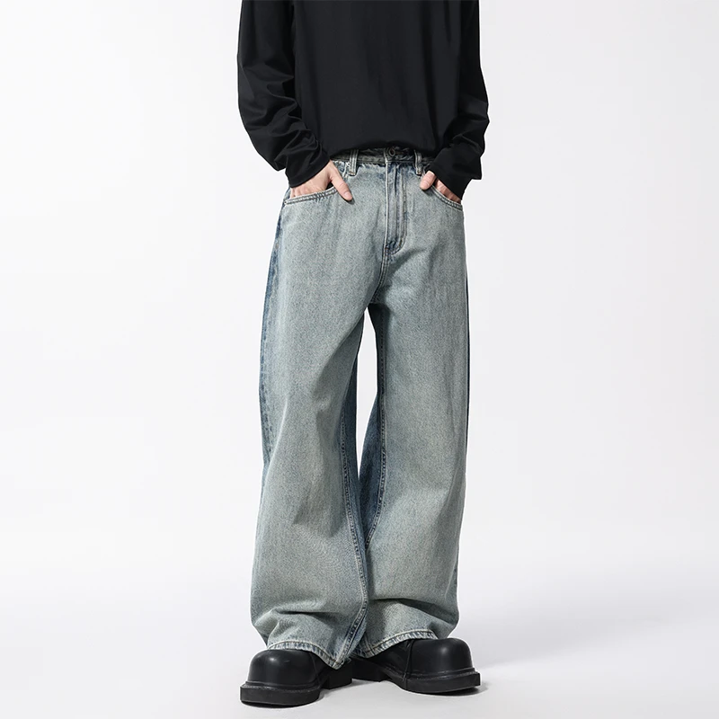 7064#超宽松阔腿牛仔裤前后撞色美式高街休闲潮牌男装baggy长裤子