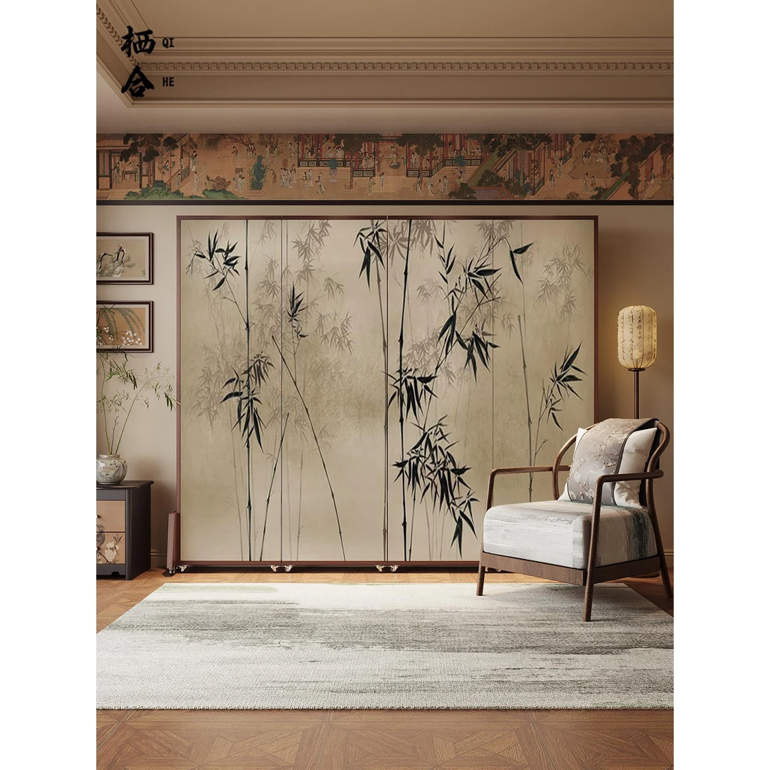 宋氏美学屏风隔断中式简约酒店茶室进门玄关遮挡实木水墨竹林折屏