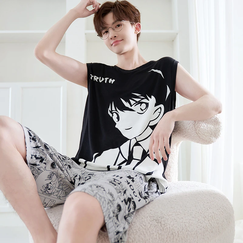 大码睡衣夏季男款背心短裤凉感莫代尔套装可外穿青少年空调家居服
