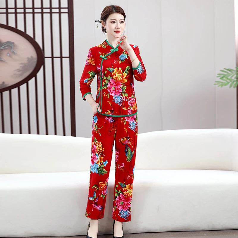 春夏东北大花布民族中老年妈妈睡衣大码宽松复古盘扣家居服可外穿