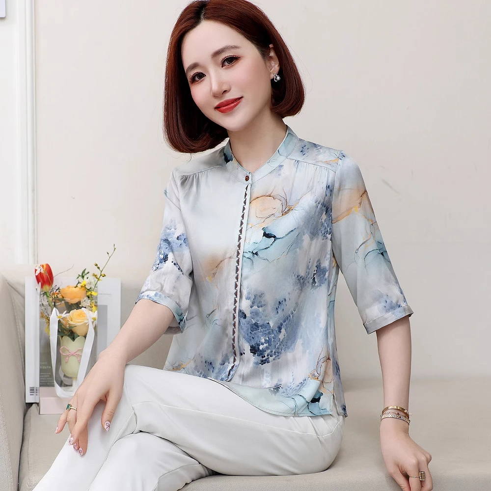 杭州正宗真丝上衣女2025夏新款气质显瘦贵夫人妈妈桑蚕丝衬衫